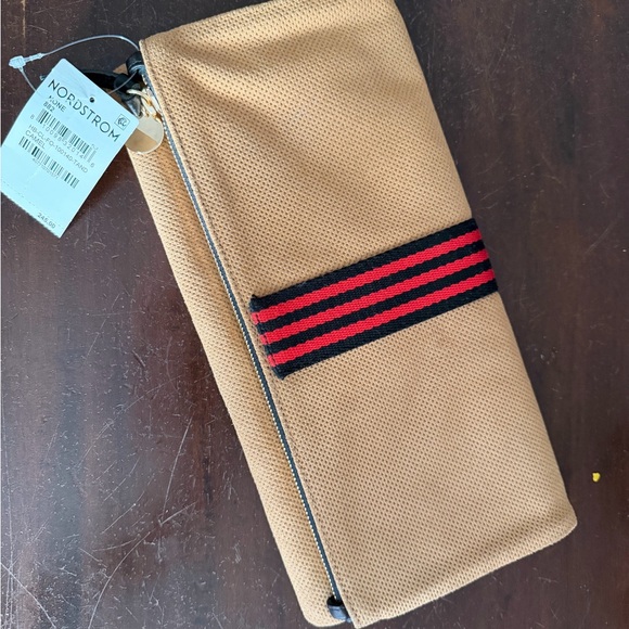 Clare V Handbags - Clare V Tan Clutch with Red and Black Stripe